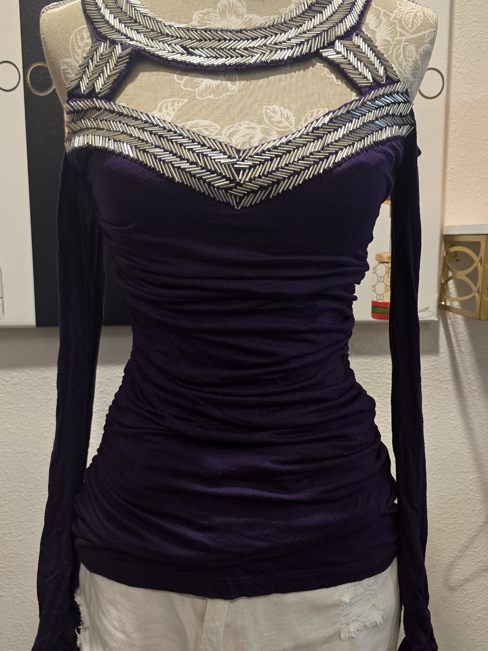 Ruched Long-Sleeve Purple Cold-Shoulder Top with Metallic Trim